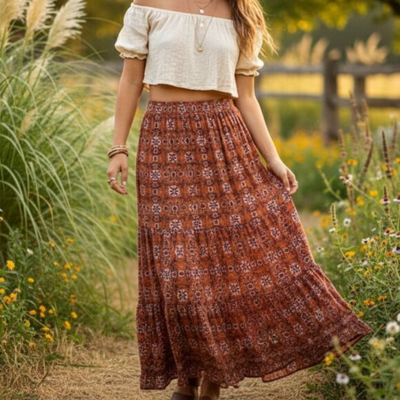 Max Studio Dresses & Skirts - NWT Max Studio Terracotta Floral Tiered Maxi Skirt Bohemian Flowy Relaxed Fit S